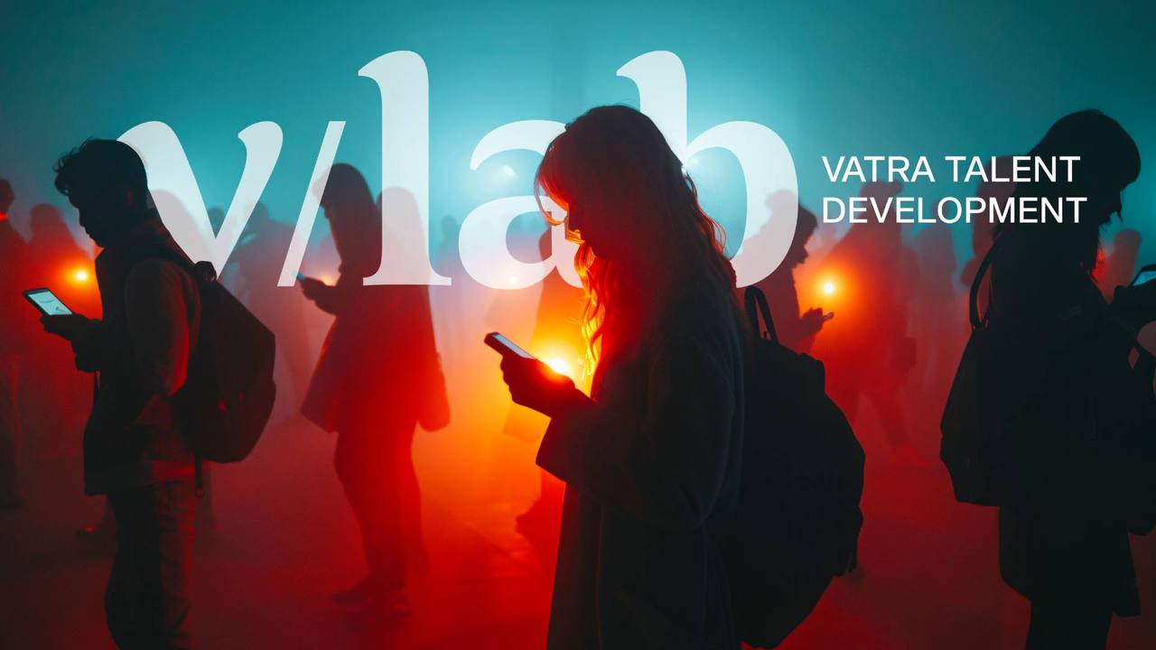 Silhuetas de pessoas olhando para seus telefones sob o logotipo v/lab, Vatra Talent Development