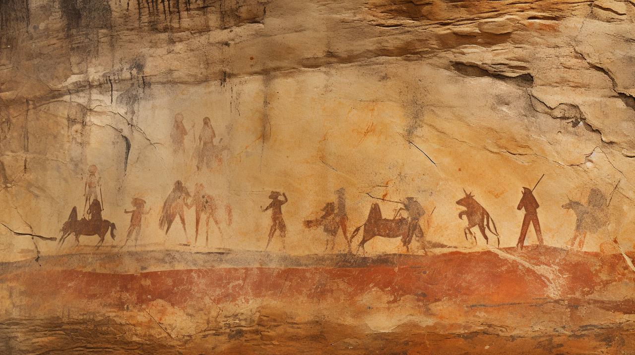 Pintura rupestre de pessoas e animais em uma parede rochosa