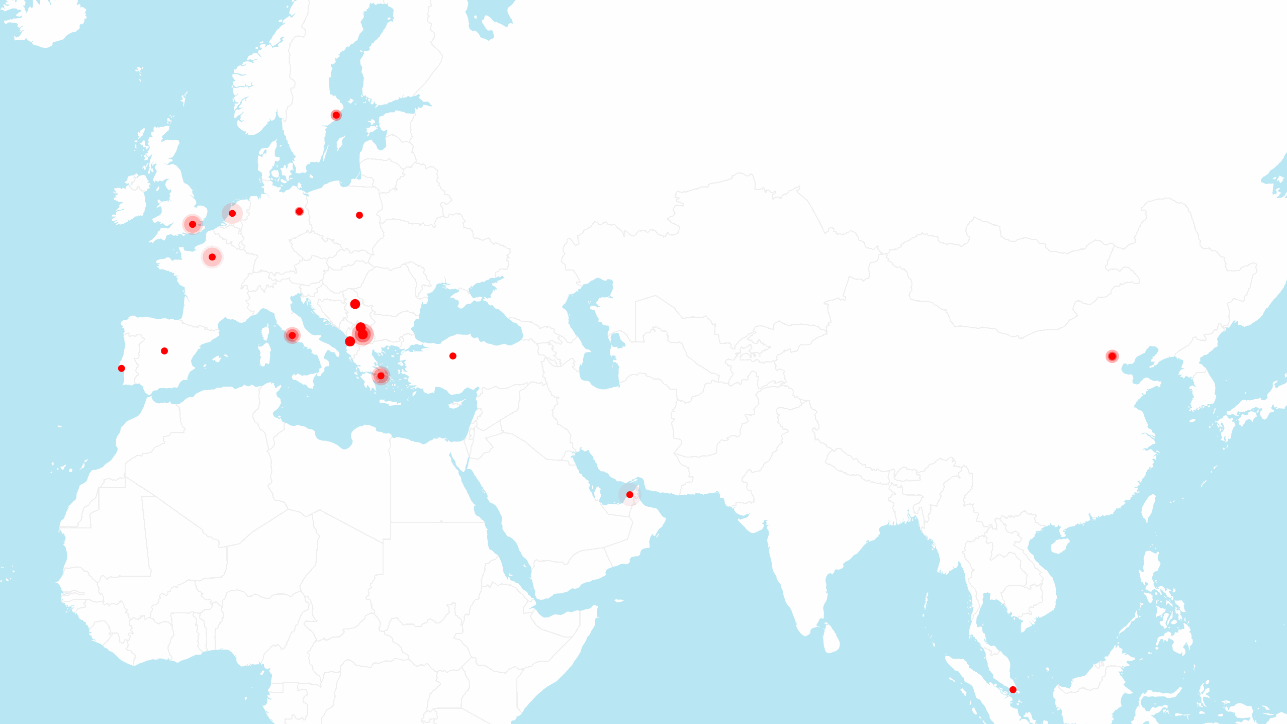 Escritórios e mercados da Agência Vatra em todo o mundo: Tirana, Pristina, Skopje, Belgrado, Londres, Paris, Berlim, Varsóvia, Roma, Madrid, Amsterdã, Estocolmo, Lisboa, Atenas, Ancara, Dubai, Pequim, Cingapura
